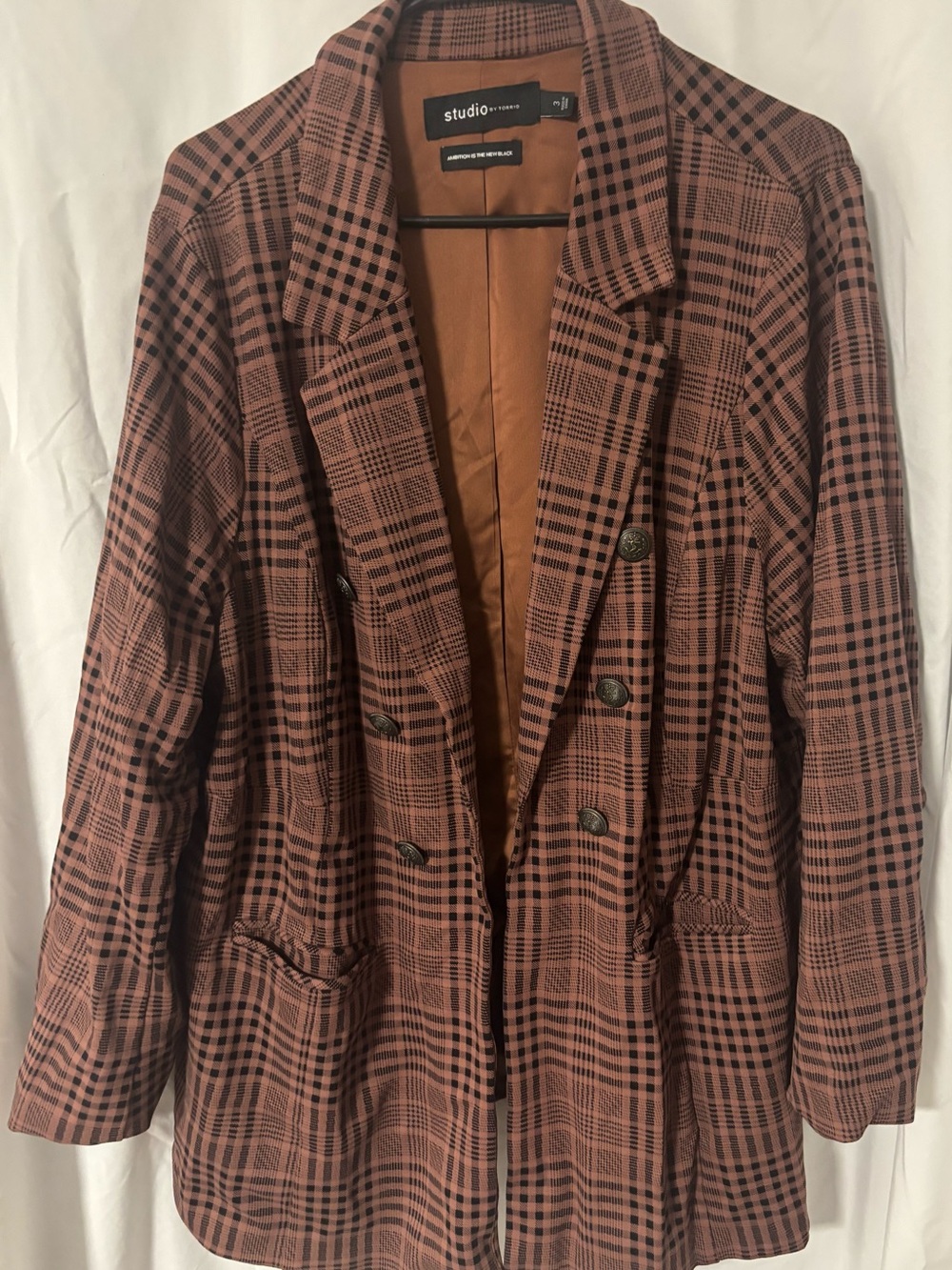 Double-Breasted Plaid Blazer Jacket in Tan and Black